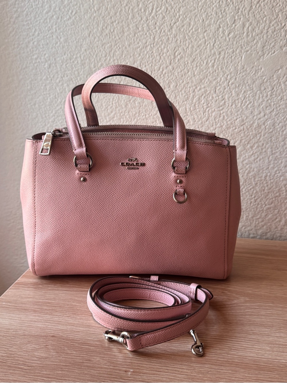 Coach Dusty Pink Pebbled Leather Satchel with Removable Strap
